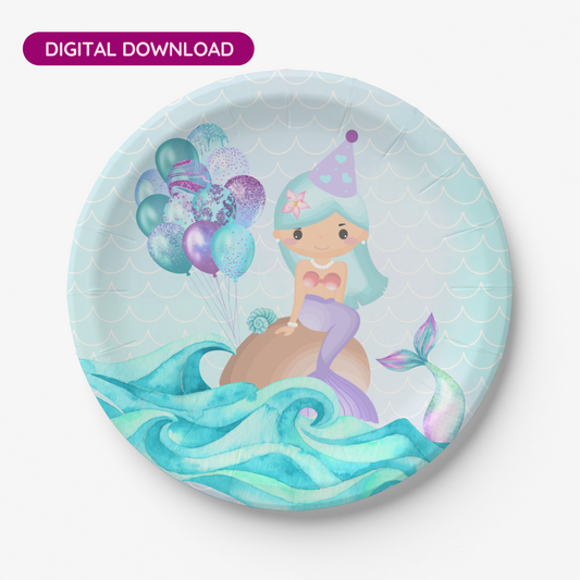 Turquoise Birthday Mermaid Paper Plate (DIGITAL DOWNLOAD)