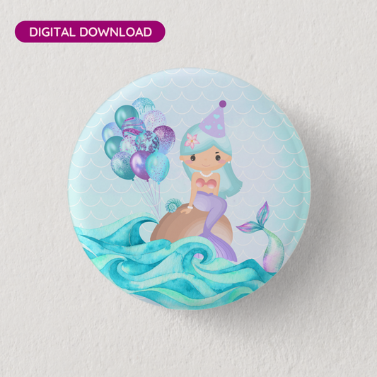 Turquoise Birthday Mermaid Button