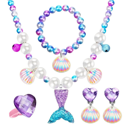 A set of mermaid-themed necklaces, bracelets, and earrings arranged on a white background.