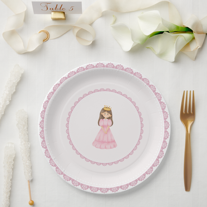 Brunette Pink Princess & Lace Paper Plate Design (DIGITAL DOWNLOAD)