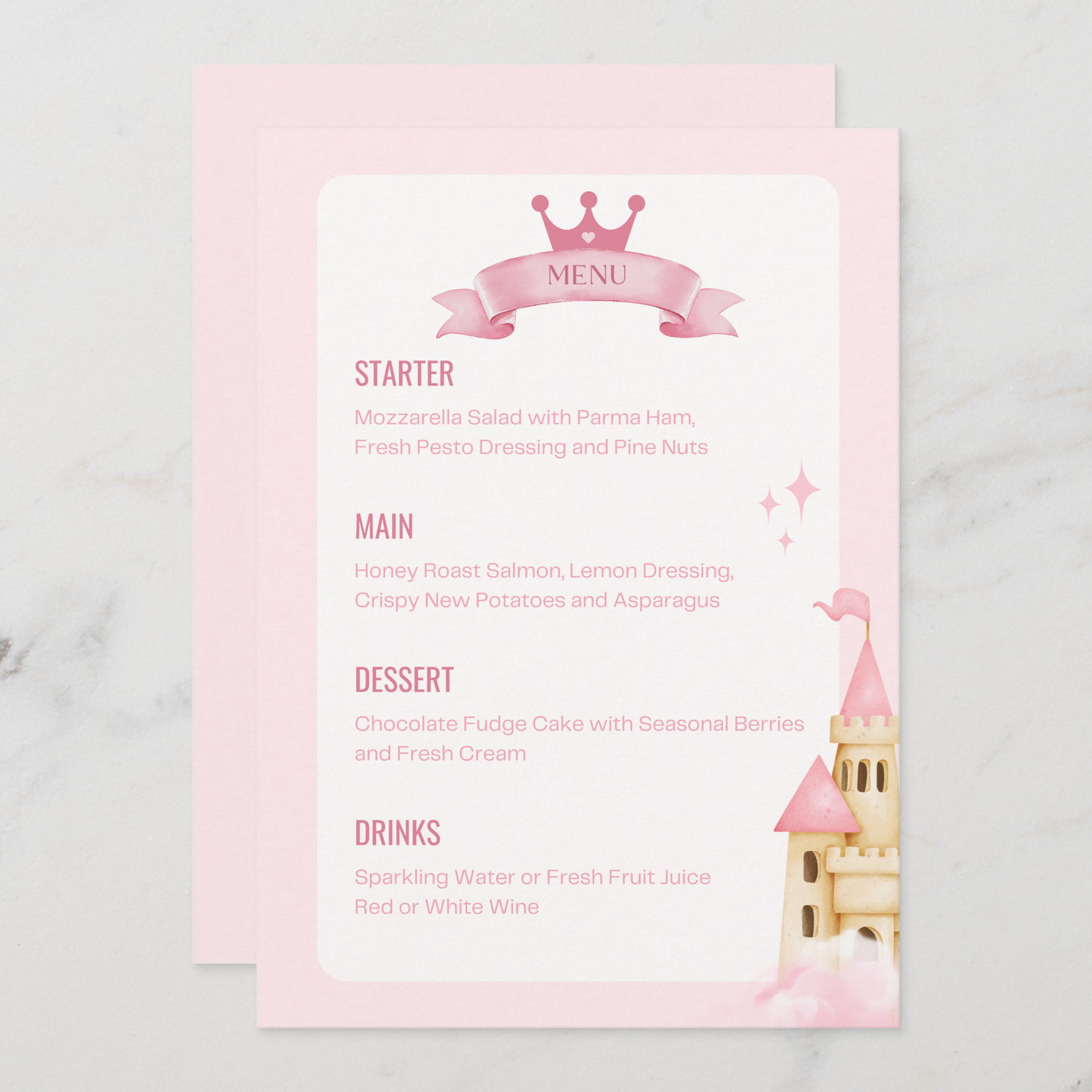 Pink Princess Castle Menu Cards