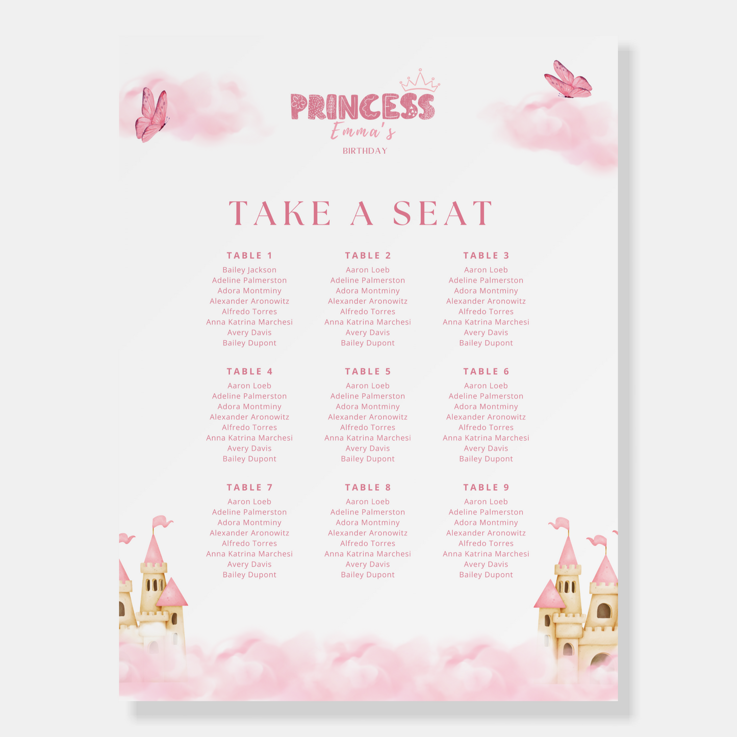 Pink Princess Castle Seating Chart